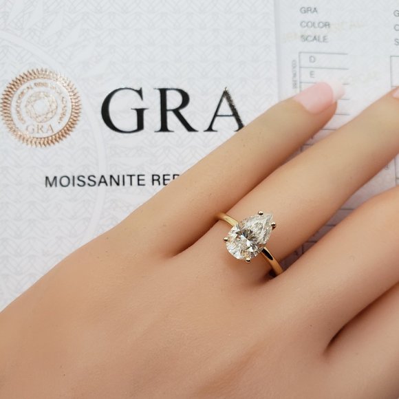 14K Yellow Gold 3 carats Pear Shaped Cut Moissanite Engagement Ring - Picture 3 of 13